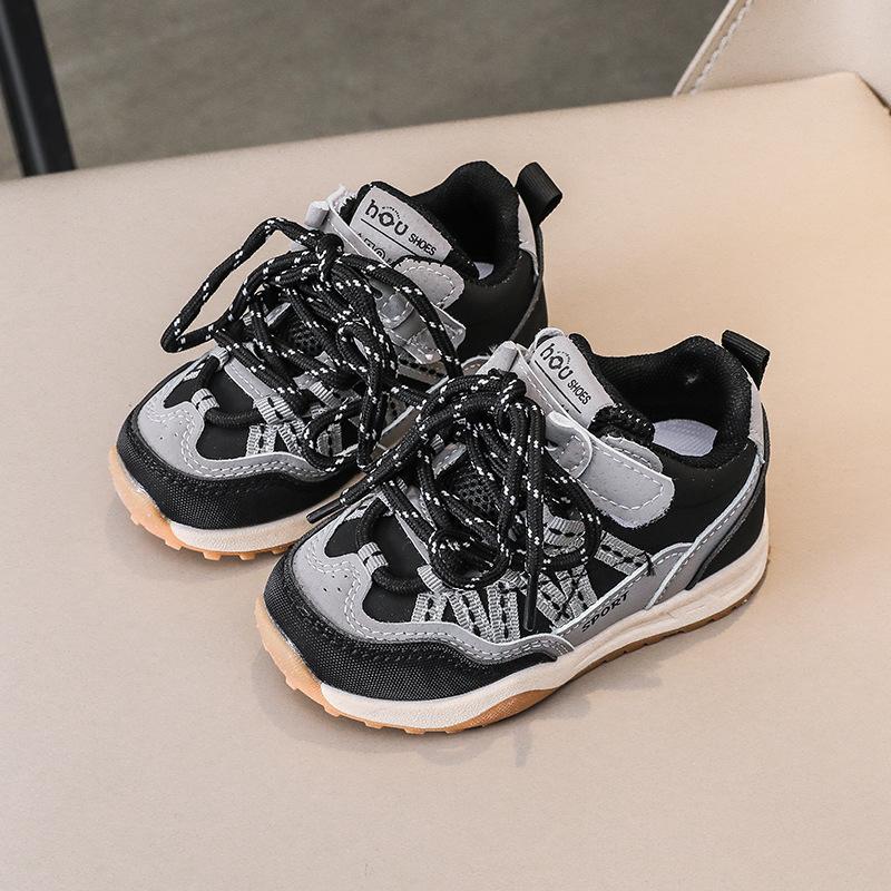 Spring Kids Leather Chunky Sneakers 1-6 Years Breathable Spliced Toe Cap Sports Shoes For Boys And Girls Casual Walkers