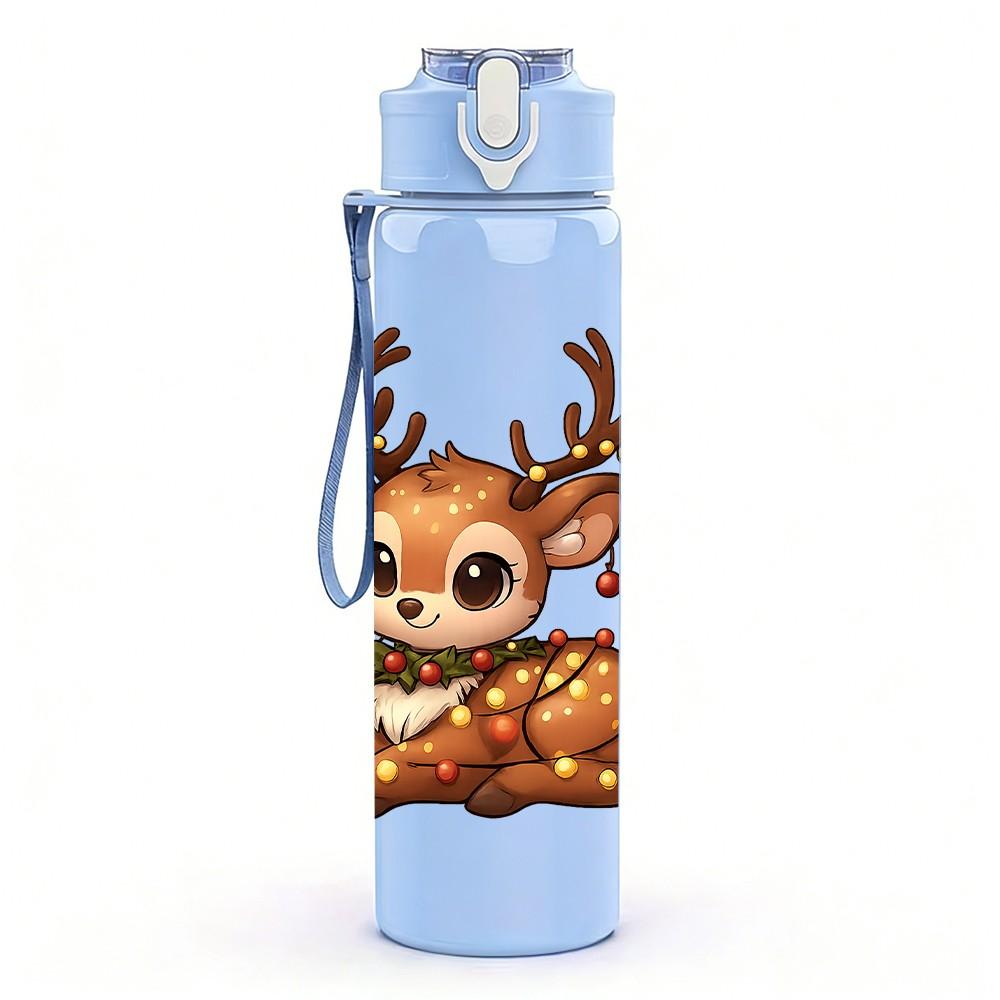 1PC Christmas Cute Deer 750ml Color Plastic Sports Water Bottle Leakproof Flip Straw Lid Suitable for Sports Office Home Use