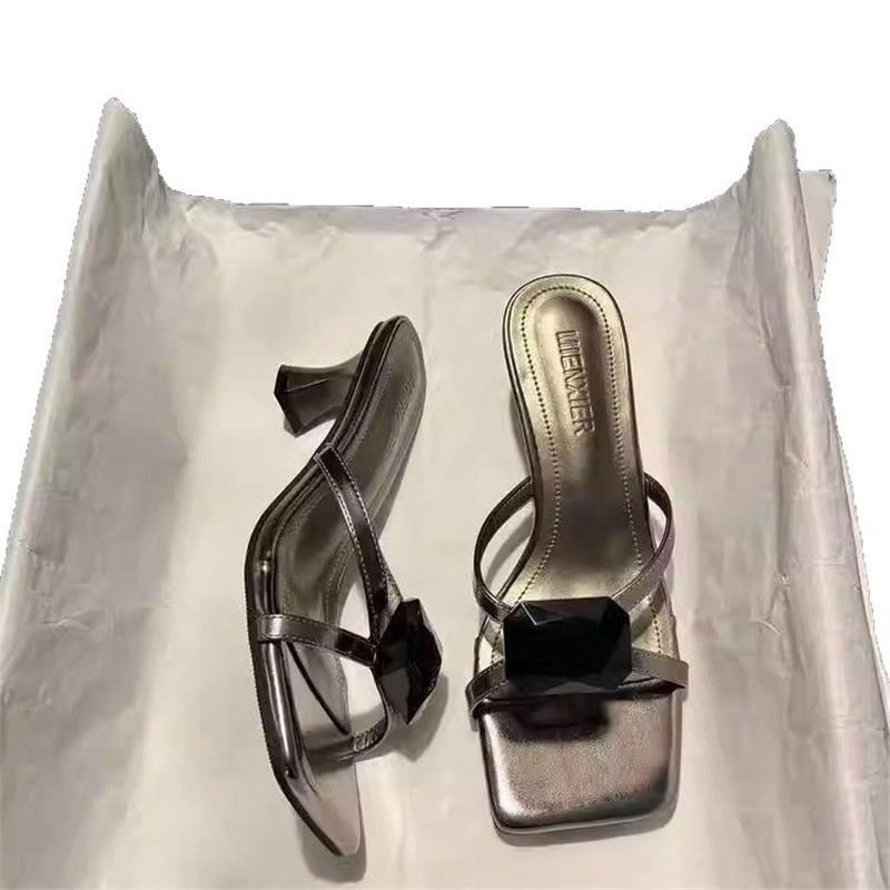 French high-end rhinestone cool slippers women's summer new wear square head exquisite temperament silver high heels sandals