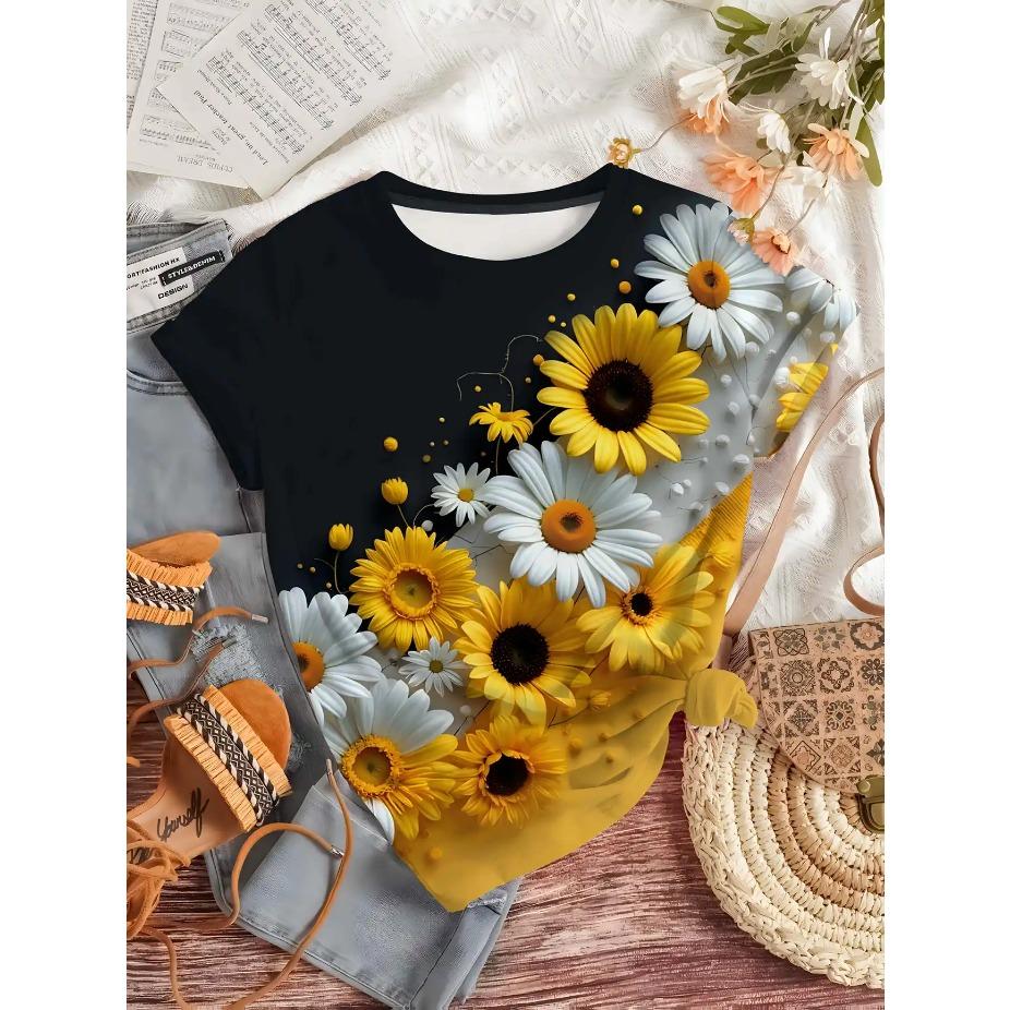Tricou de damă cu imprimeu floral - Galben viu și albastru margaretă gât rotund mânecă scurtă top casual pentru toate anotimpurile tricouri de damă