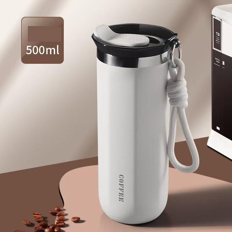 Double-Layer Vacuum-Insulated Coffee Mug with Pull-Up Handle 304 Stainless Steel Thermos Outdoor Portable Sports Water Bottle Solid Color Water Cup