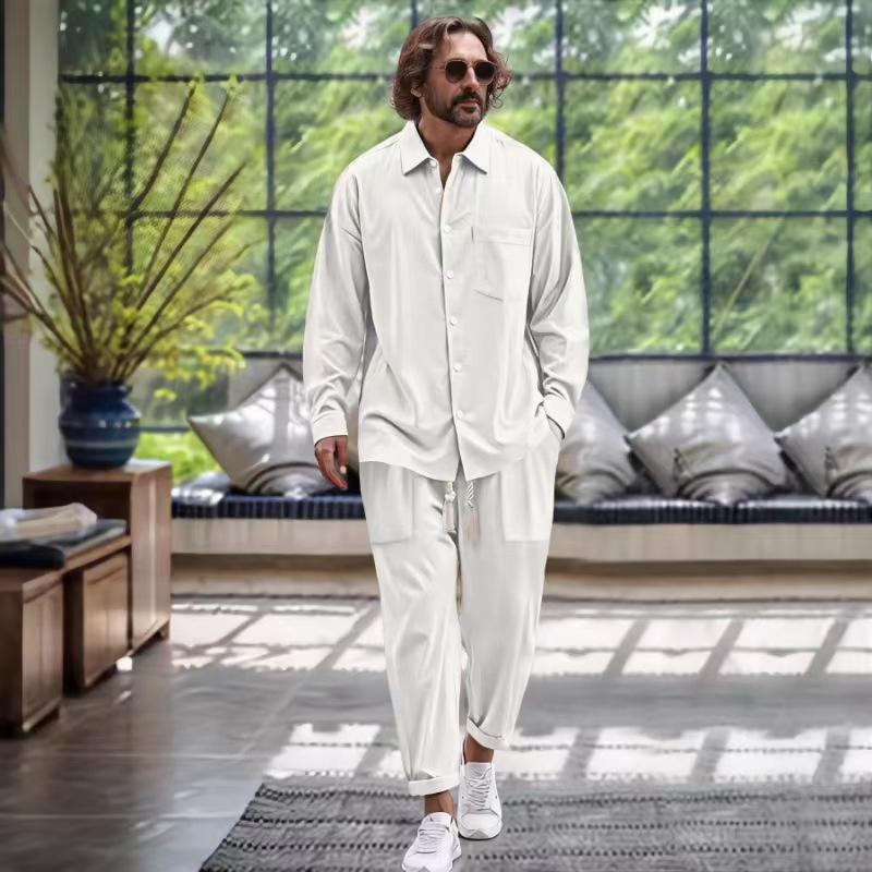

Men s Spring/Autumn Cotton Linen Casual Two-Piece Set: Shirt & Long Pants. Small