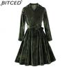 Women's Vintage Autumn/Winter Velvet Elegant V-Neck Long-Sleeve Tie-Waist Christmas Full-Skirt Dress