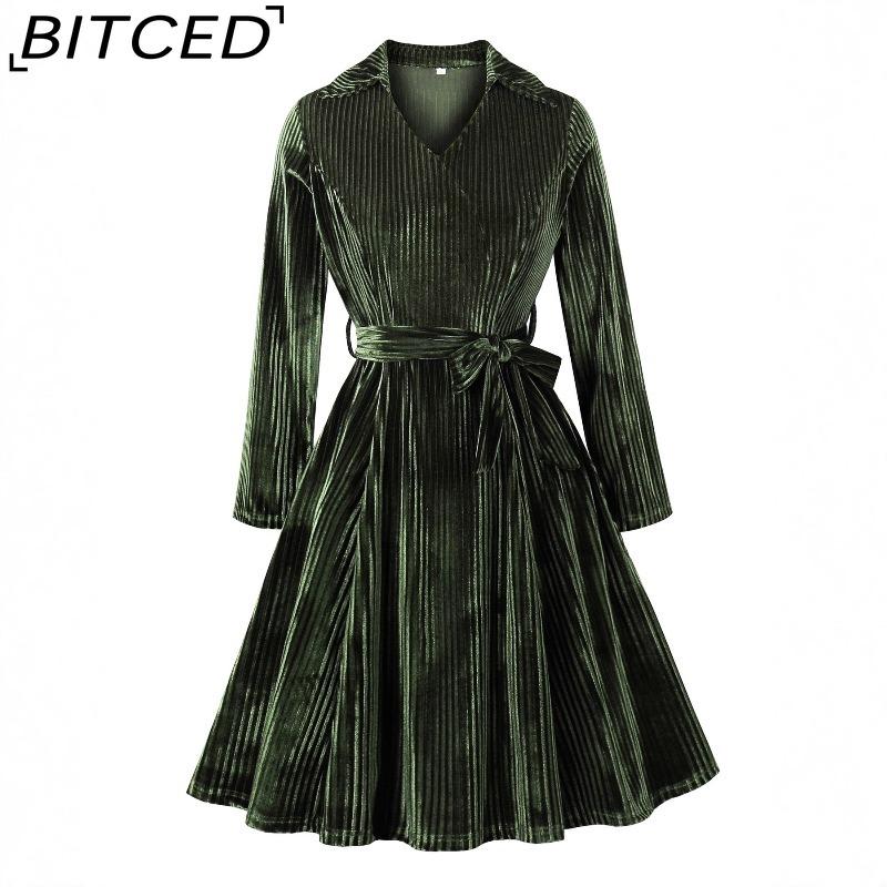 

BITCED Women s Vintage Autumn/Winter Velvet Elegant V-Neck Long-Sleeve Tie-Waist Christmas Full-Skirt Dress XXL армія зелений колір