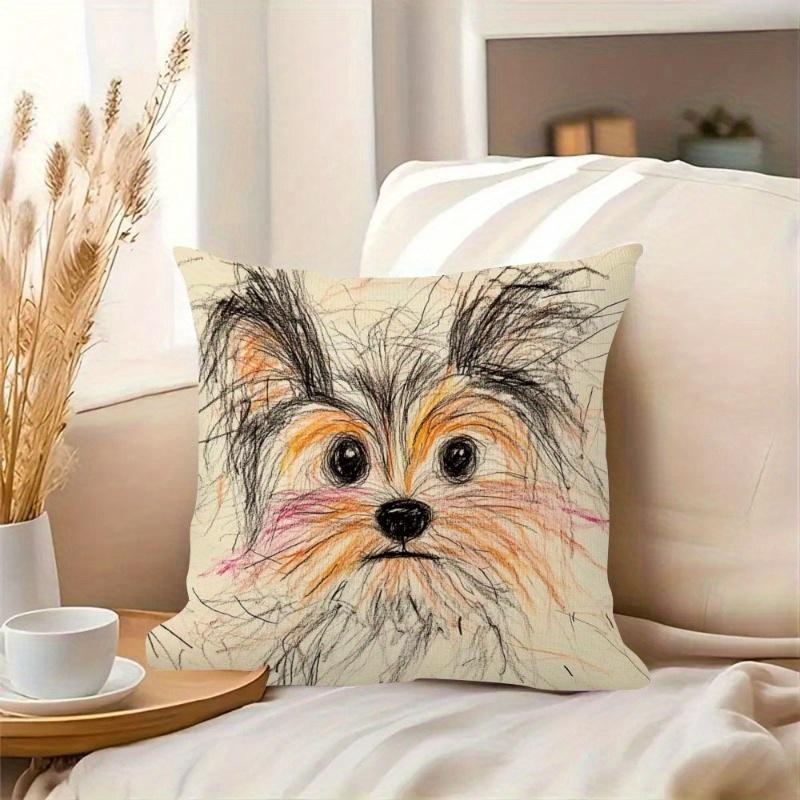1Pc Hand-Drawn Yorkshire Terrier Print Throw Pillow Cover,Suitable For Sofa,Bedroom,Living Room,An Artistic Gift For Dog Lovers