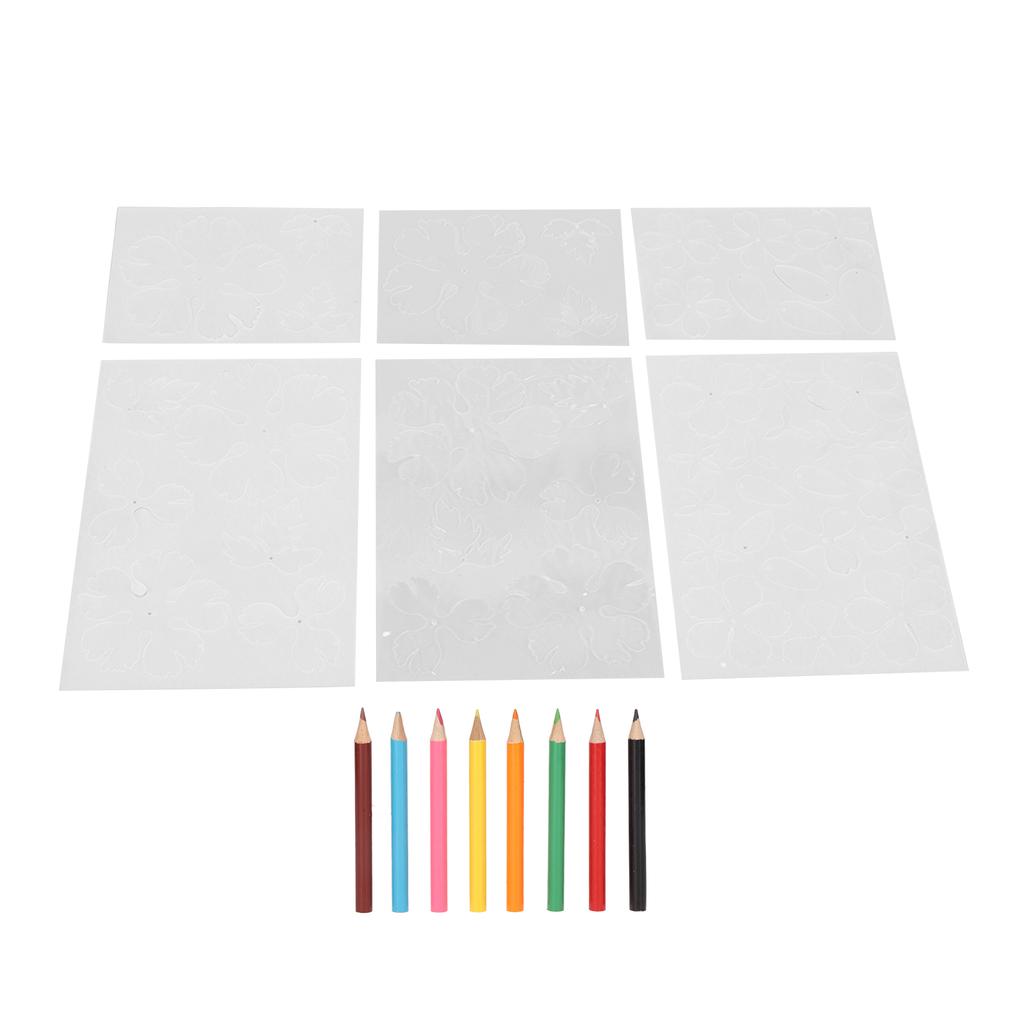 6 Sheet Flower Heat Shrink Paper with 8 Color Pencils Pre Cut Two Sides DIY BOPS Shrink Film Paper for Beginner