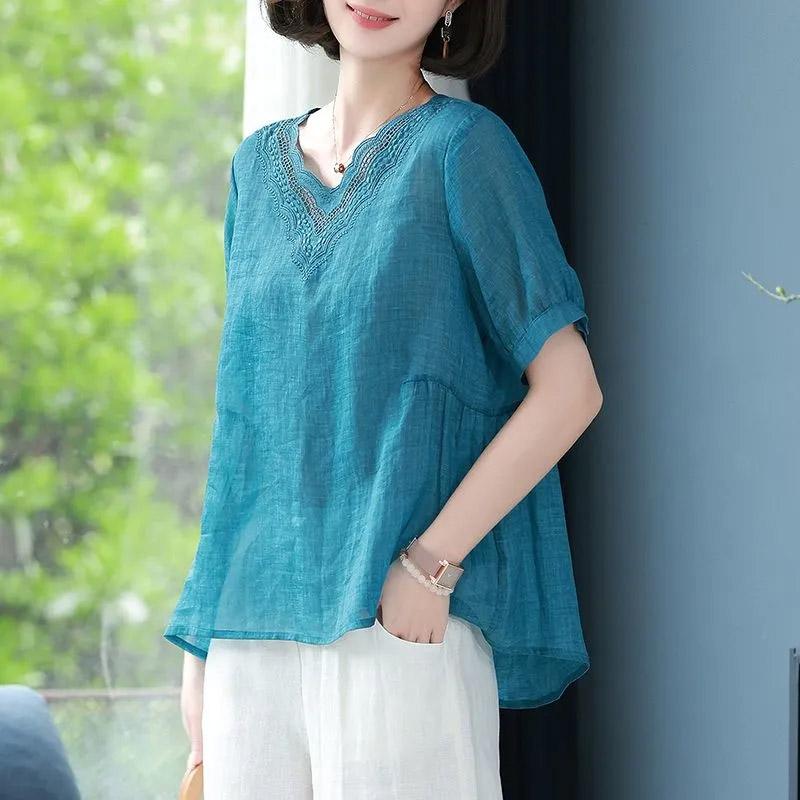 T-shirt for Women Summer Large Size Cotton T-shirt Soft Loose V Neck Casual Comfortable Pullover T-shirt Top