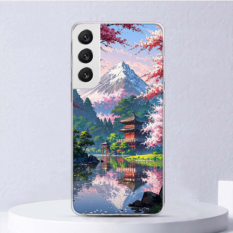 Japanese Cherry Mount Fuji Soft Case For Samsung Galaxy S25 S24 S23 S22 Ultra Phone Cover S20 FE S21 Plus S25 Edge + Funda Coque