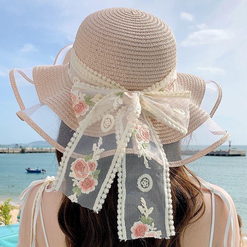 Flower lace streamer sun hat fashion new spring and summer travel vacation beach sunshade sun protection wavy edge straw hat
