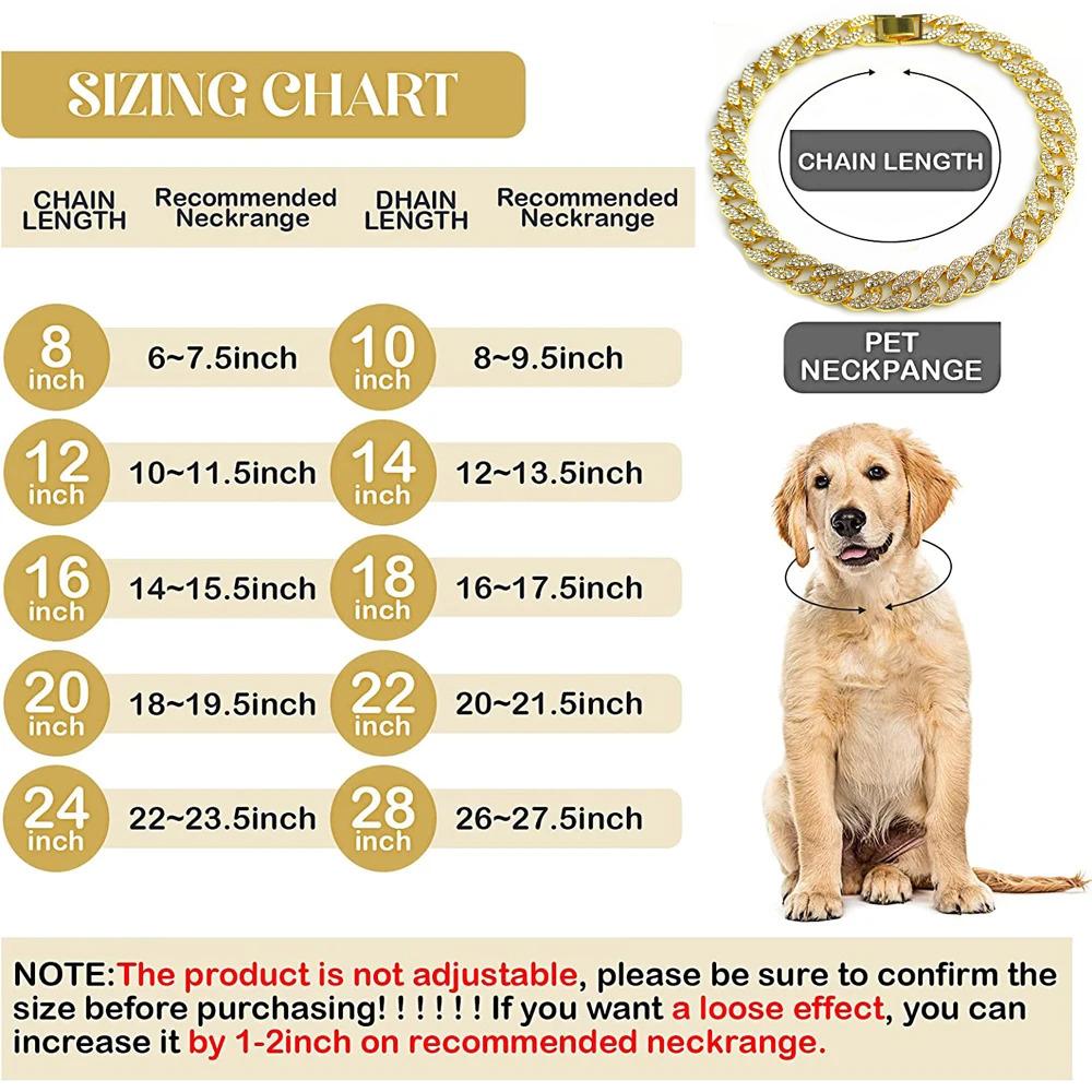 15mm Gold Hundekette Halsband Luxus Diamant Kubanische Gliederkette Kristall Halskette Langlebiges Hundehalsband für Kleine Mittlere Große Hunde Katzen