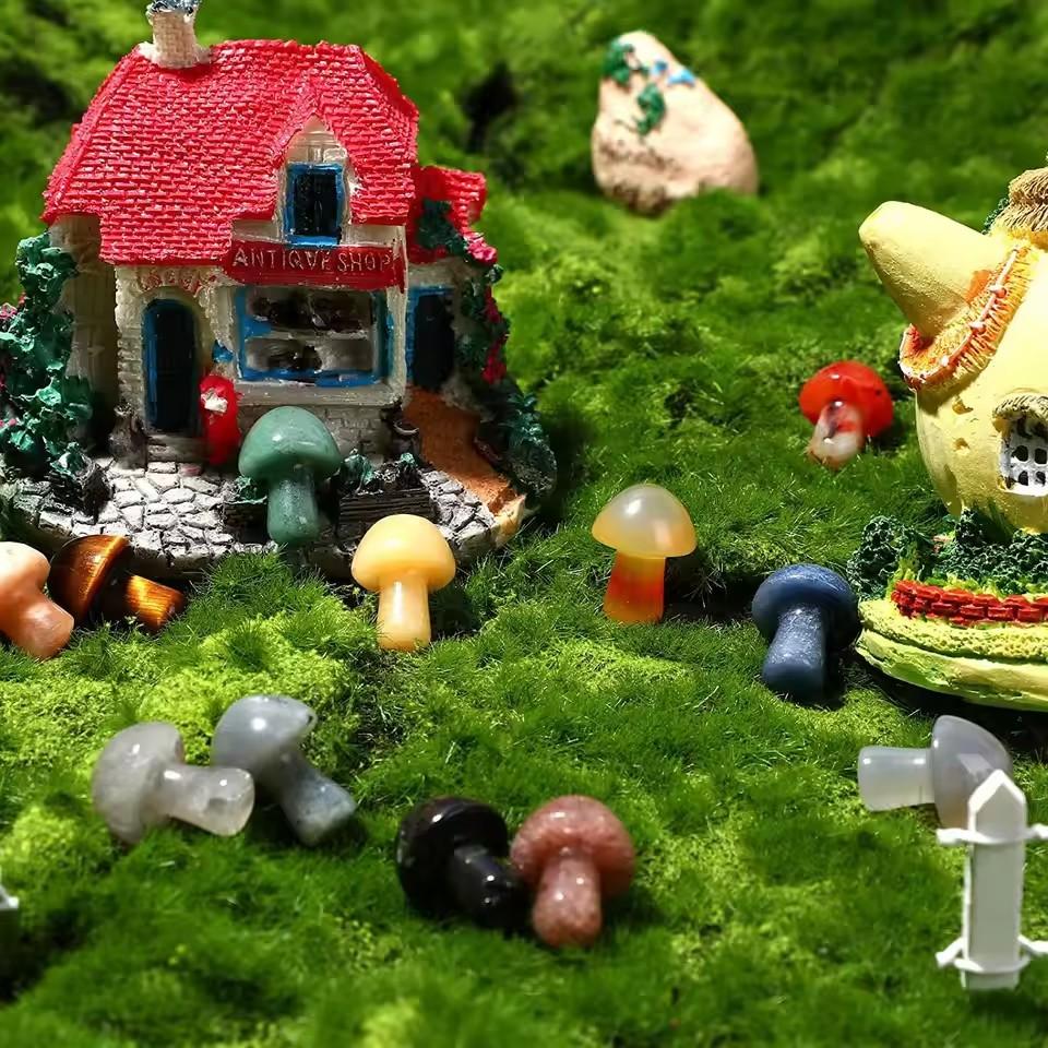 Mini Natural Stone Crystal Mushrooms Figurines Mini Handmade Fairy Cute Garden Accessories Landscape Basin Pot Home Decor Gift