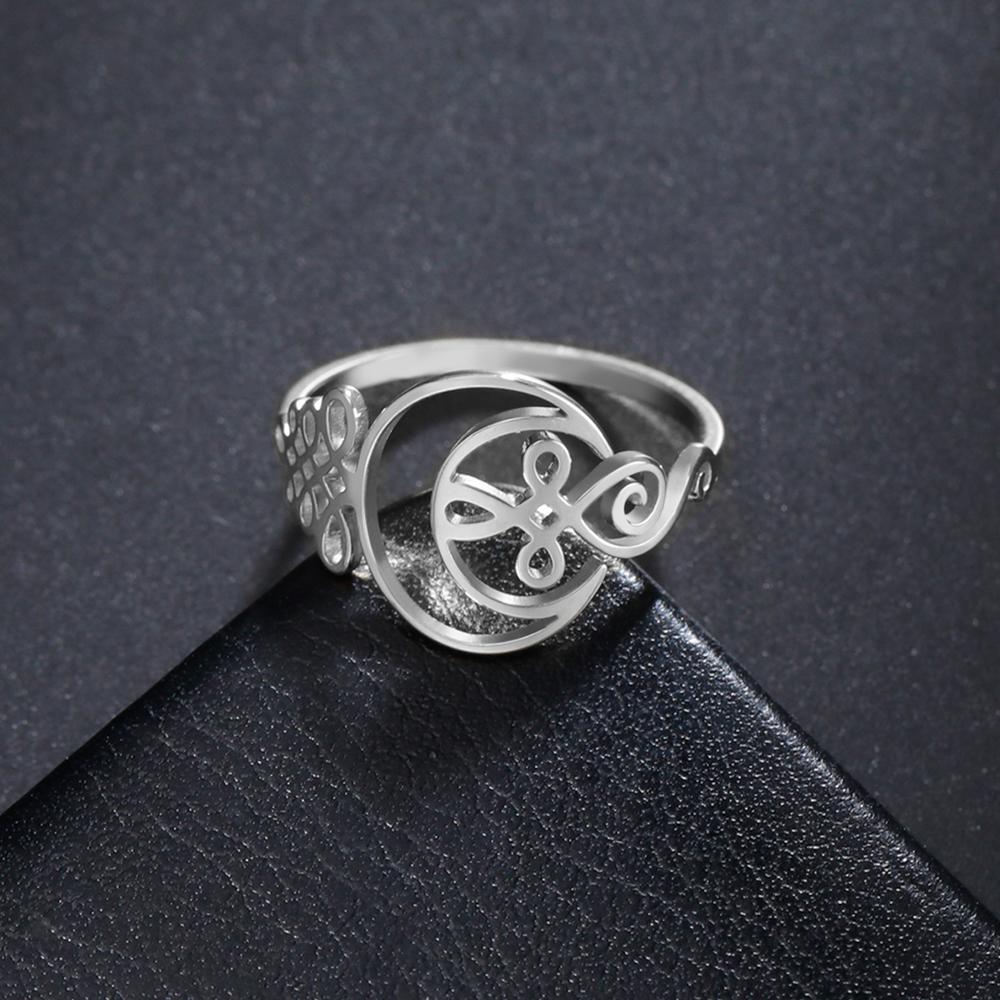 LIKGREAT Stainless Steel Hollow Moon Ring Silver Color Unalome Symbol Finger Rings Amulet Jewelry Gift for Women Men Accessories