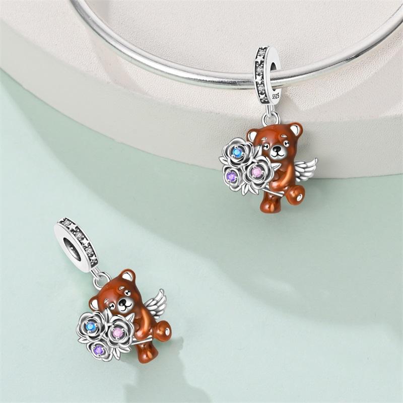 Copper Cute Flower Bear Cute Rose Bear Charms Pendants Fit Original Bracelets Diy Birthday Jewelry Gift