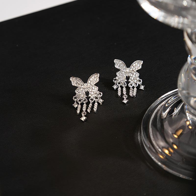 Full Diamond Butterfly Tassel Earrings, Light Luxury High-End Butterfly Stud Earrings, Unique Personality Exquisite Earrings For Women