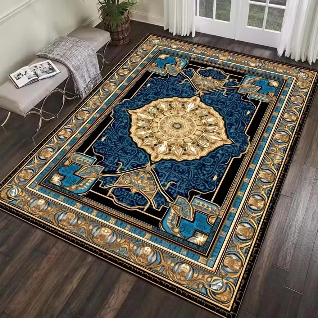 Old Style Living Room Carpet Boho Blue Non-slip Area Rugs Decor Bedroom Washable Hallway Floor Mats Elastic Bedside Mat Flannel