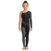 Girls Figure Skating Gymnastics Jumpsuit Asymmetrical Design Back Invisible Zipper Mesh Patchwork Sparkly Rhinestones Bodysuit for Competition