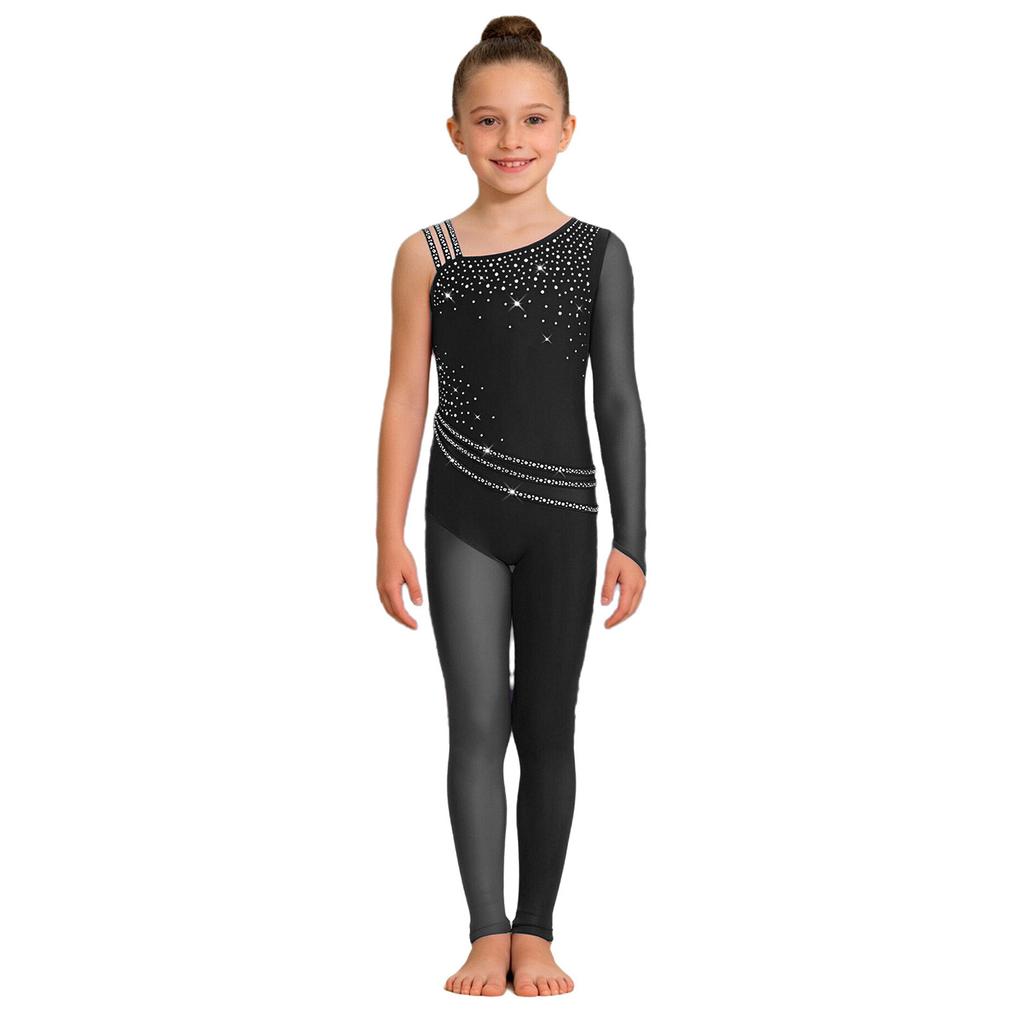 Girls Figure Skating Gymnastics Jumpsuit Asymmetrical Design Back Invisible Zipper Mesh Patchwork Sparkly Rhinestones Bodysuit for Competition