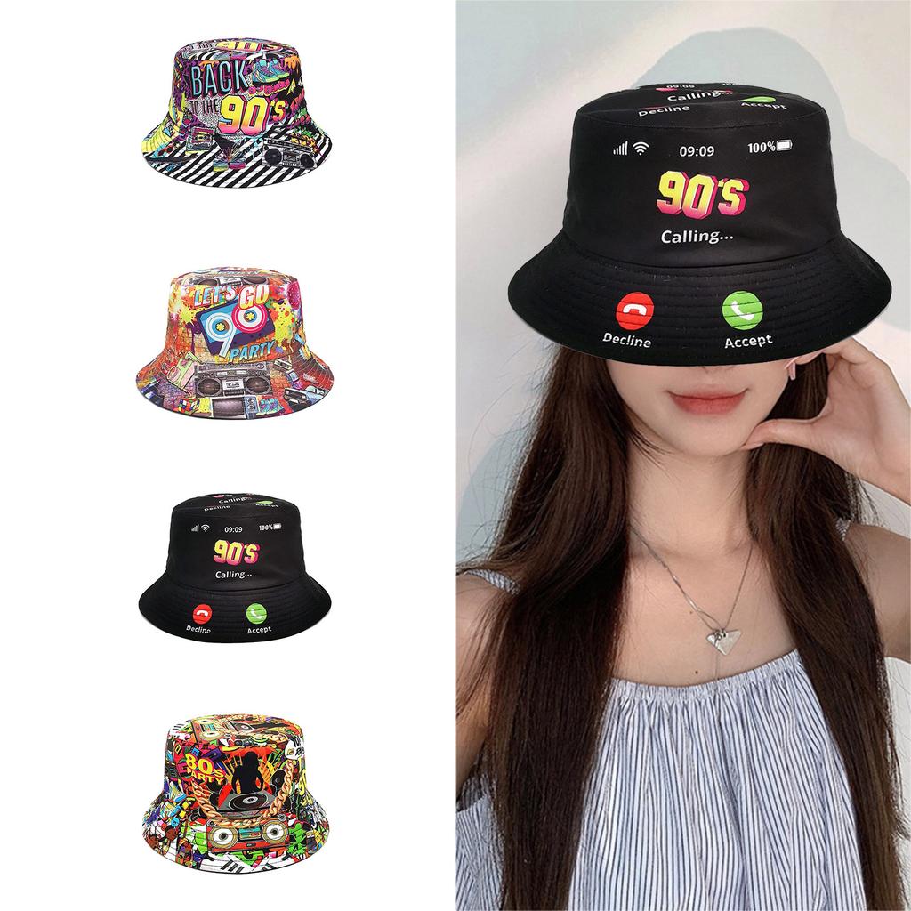 Foldable Bucket Hat Adult 80s 90s Nostalgic Colorful Print Fisherman Hat Fashion Reversible Hat for AllAge Person