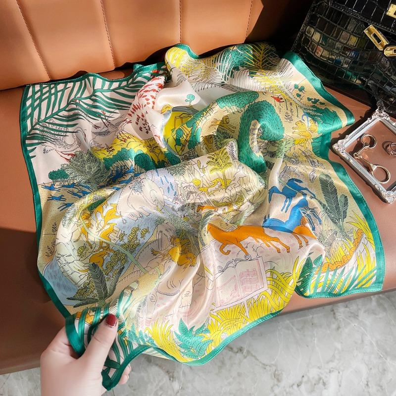 Spring New Plain Crepe Satin Horse Jungle Printing Silk Square Scarf Women's Fashion Versatile Mulberry Silk Scarf