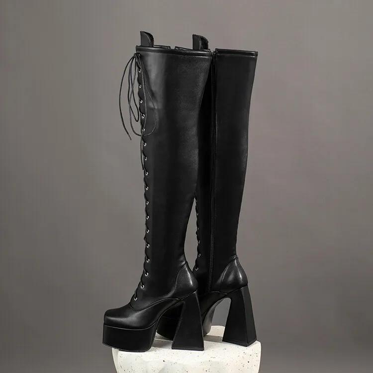 Fashion New Belt Buckle Cross Strap Elegant Black Over The Knee Boots Hot Girl Sexy Punk Style Pole Dance Fashion High Heels Shose 35-44