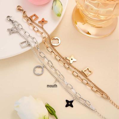 Elegant Titanium Steel Double-Layer Bracelet with Hollow Four-Leaf Clover for Women