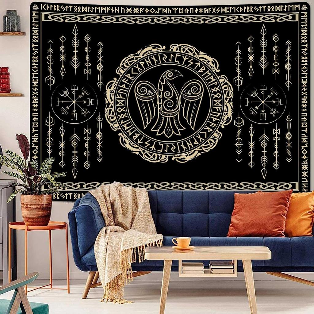 VIKAMA Viking Rune Tapestry Black Background with Gold Double Dragons Norse Mythology Living Room Study Game Room Wall Decor