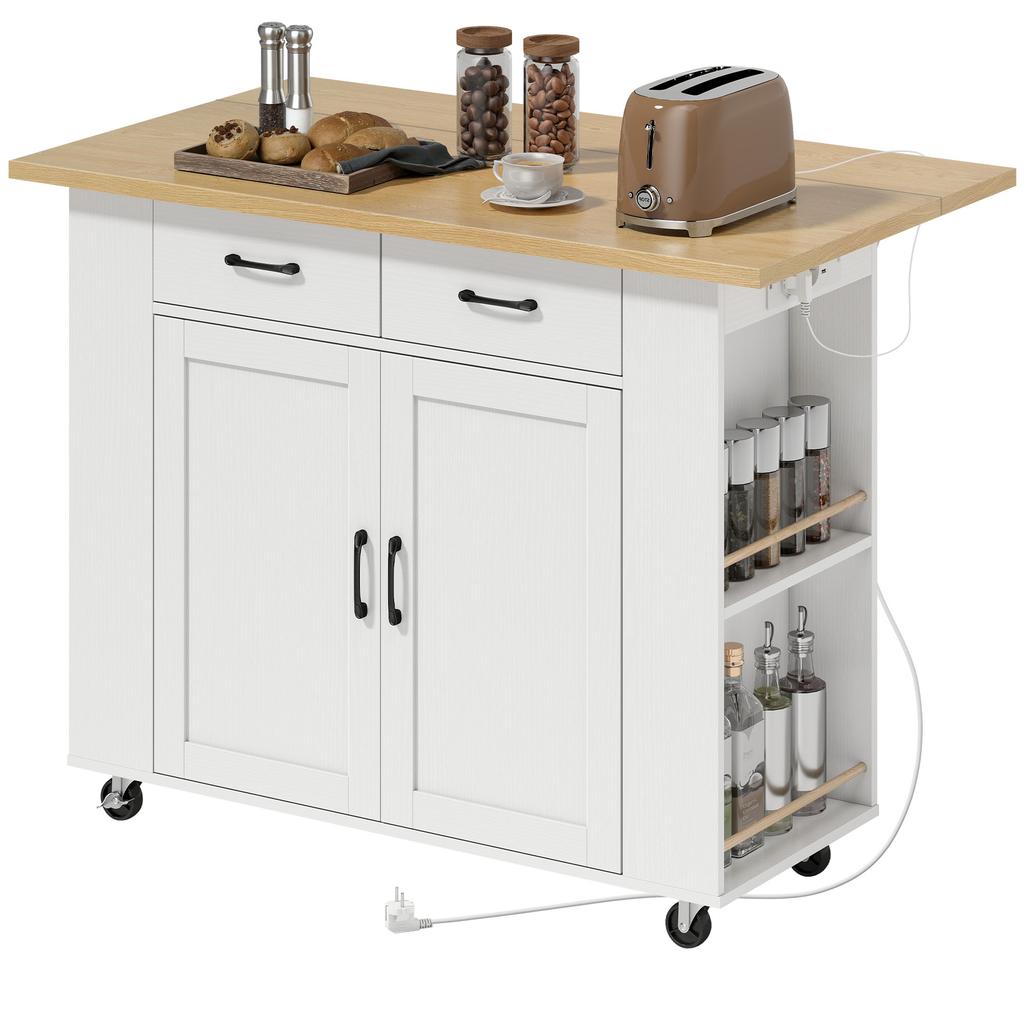 Isola Cucina con Stazione di Ricarica, Carrello da Cucina su Ruote con Piano di Lavoro Pieghevole, 2 Cassetti, Bianco