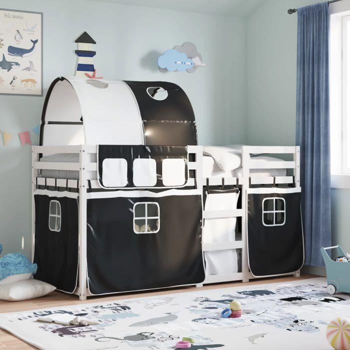 VidaXL Bunk Bed with Curtains White/black 90x200 Cm Solid Pine Wood, Bed, Bed Frame, Low Bunk Bed, Furniture of 3284021