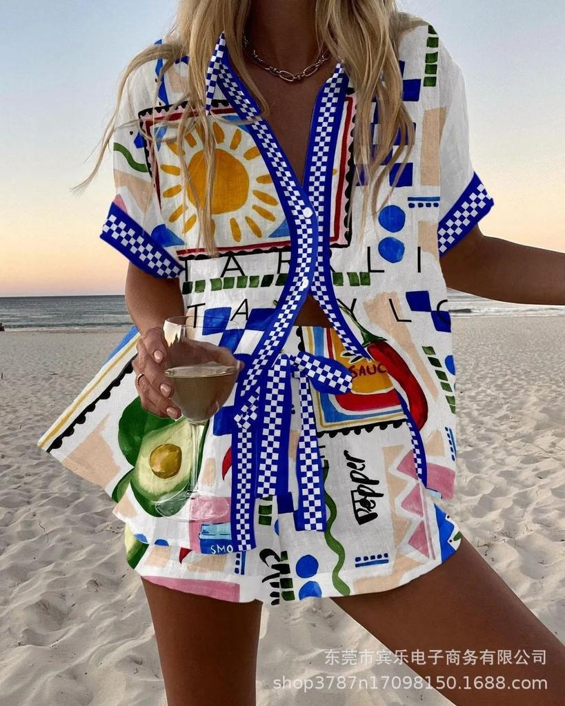 Summer European and American Women's Clothing Bamboo Hemp 1D Digital Printing Short-sleeved Shirt Beach Shorts Casual Two-piece Set