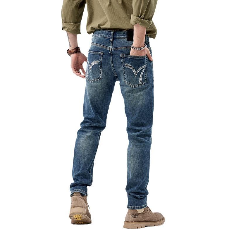 European Version Straight Men's Pants Slim-fitting Small Straight Elastic Jeans Men's Fashion Trendy Brand Wide Casual Daily Versatile Trousers