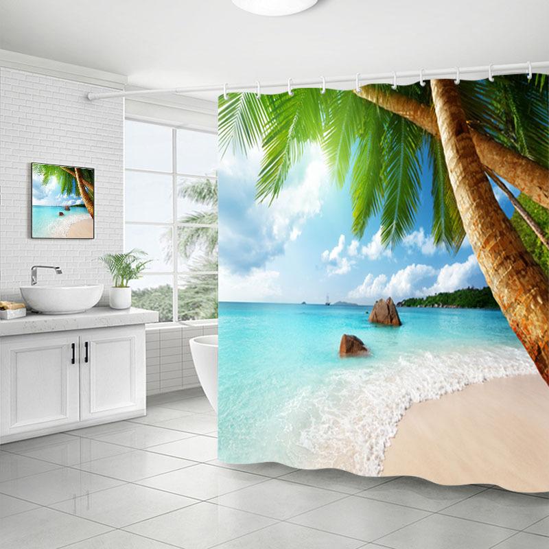 Shower Curtain Bathroom Fabric Non-Punching Beach Natural Scenery Digital Printing Shower Curtain With 12 Hooks