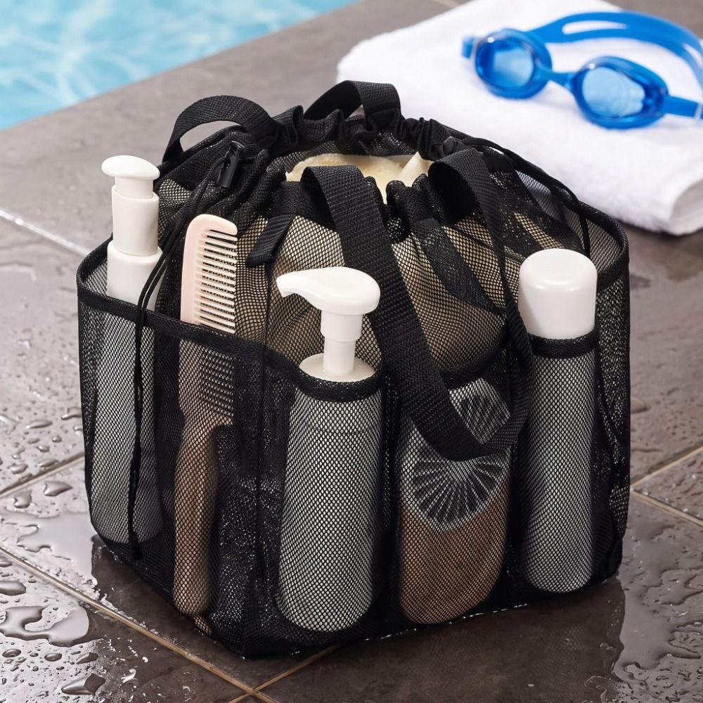 Bathroom Organizer Mesh Shower Bag Multi Pocket Drawstring Bag Foldable Storage Bag Beach