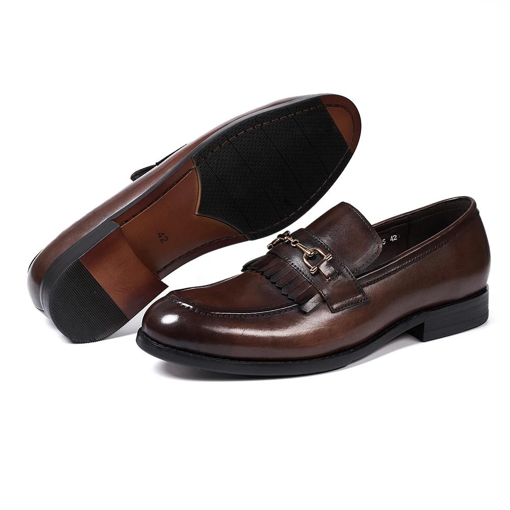 Fashion Classic Men's Genuine Leather Loafers Handmade Tassel Slip-On Casual Shoes with Metal Button for Office Wedding Dress Wear