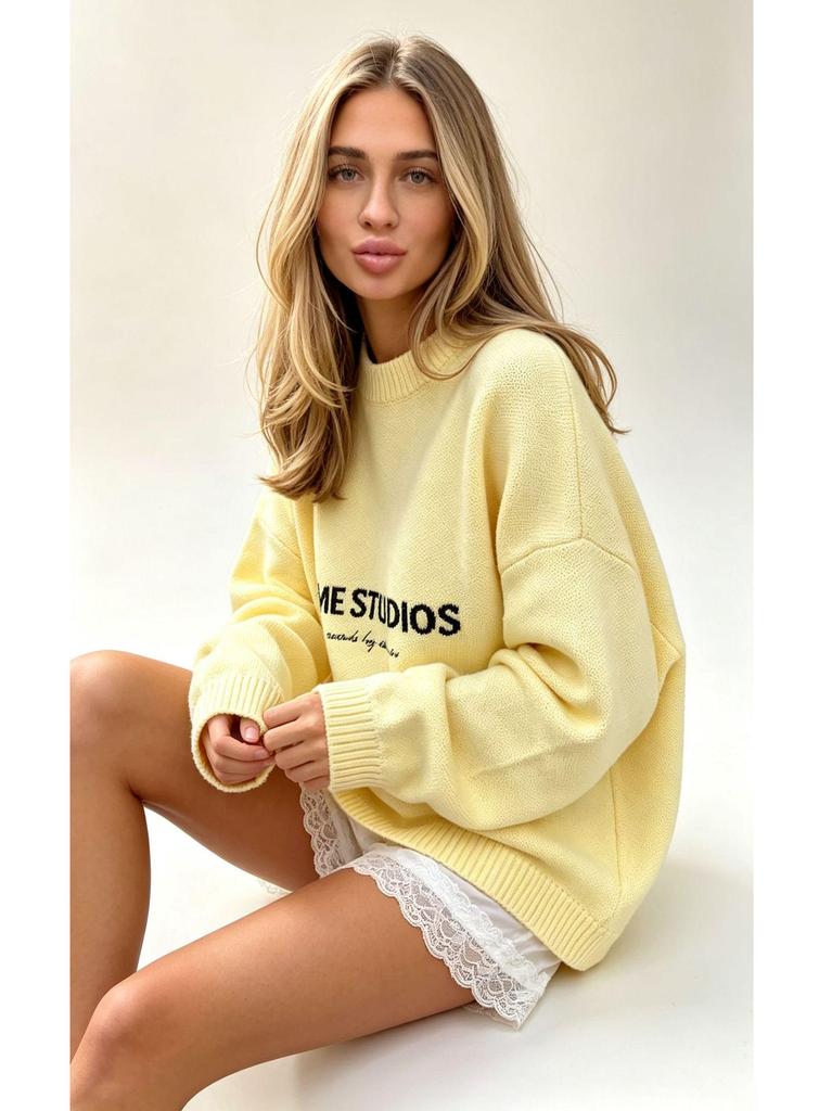 Maglione Retro da Donna a Vestibilità Larga con Lettere - Pullover in Maglia Giallo per Autunno/Inverno