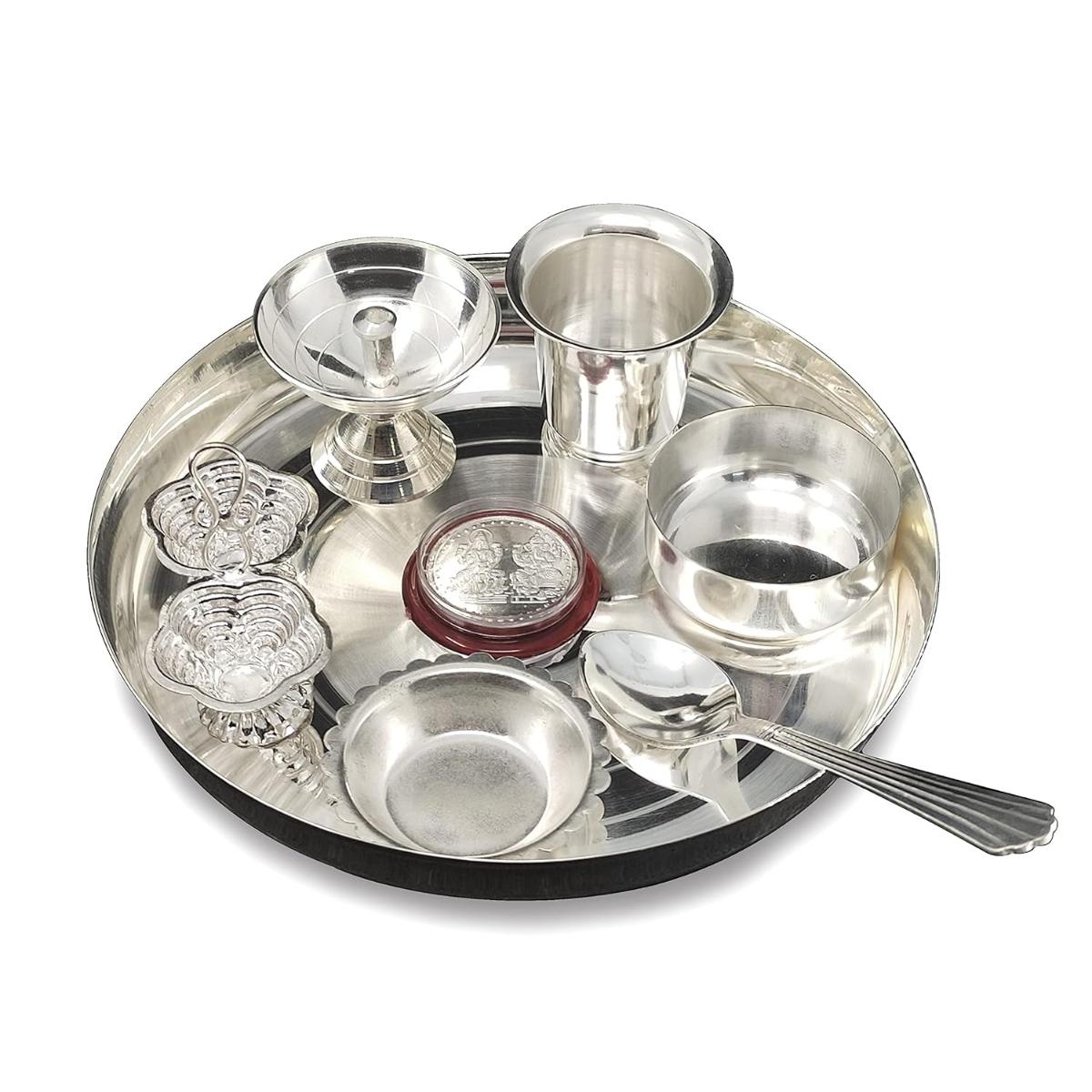 Silver Plated Pooja thali Set 17.78 CM Festival Ethnic Puja Thali Items for Diwali Daily Home Mandir Office Wedding Return Gift