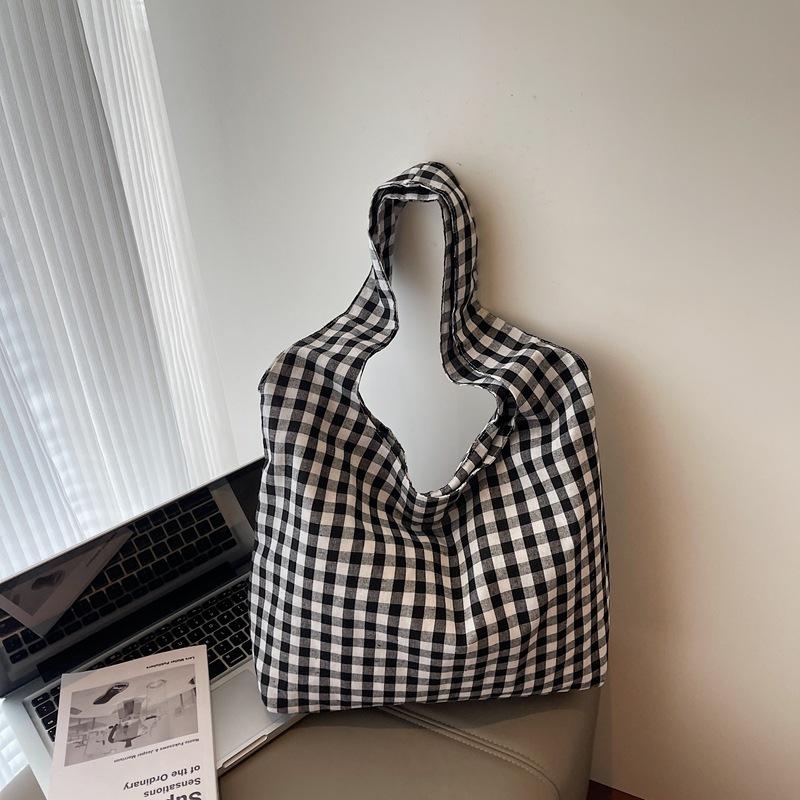 Plaid Canvas Bag Women's Large-capacity New Summer Versatile Shoulder Bag Lightweight Student Class Tote Bag