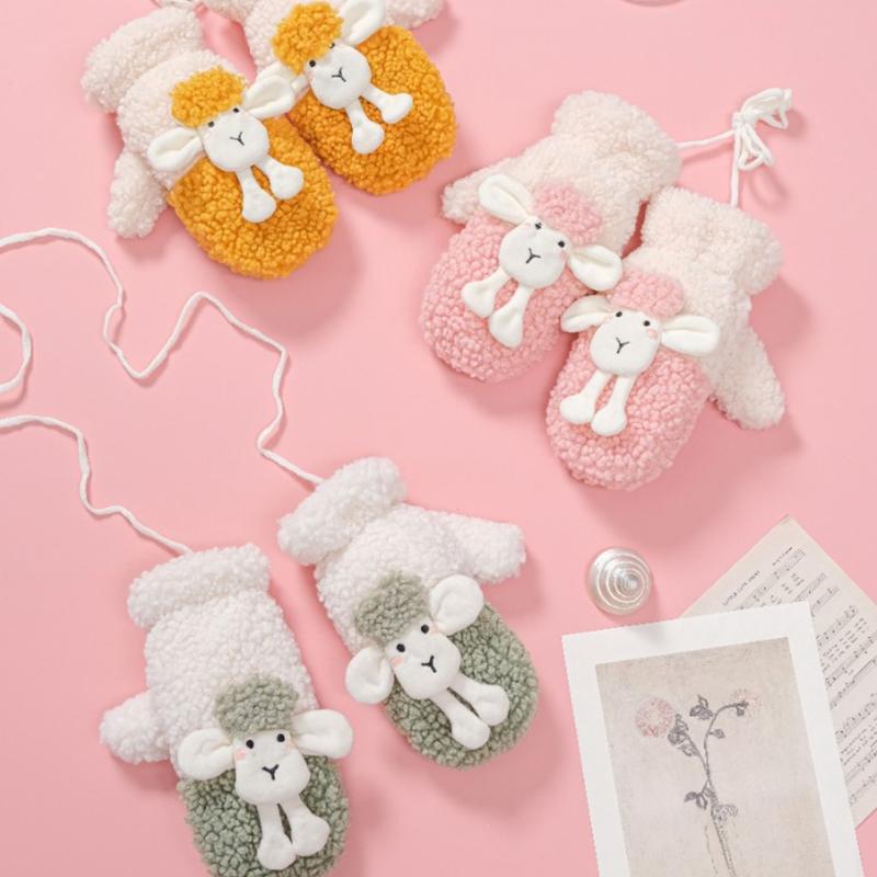 Fluffy Animal Mittens Plush Sheep Gloves with String Full Finger Mittens Winter Warm Mittens Cartoon Gloves for Women