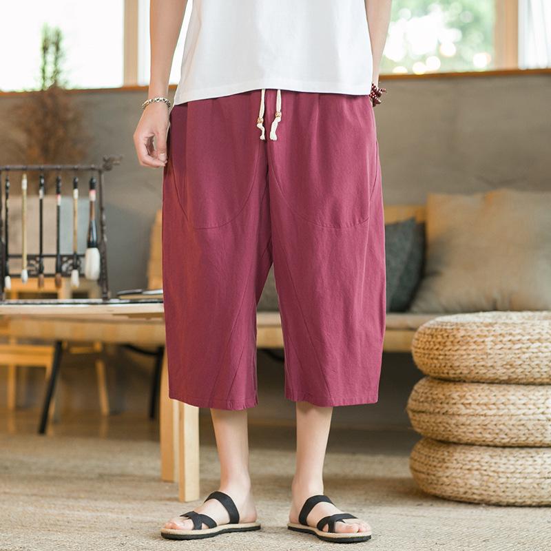 Men's Cropped Chinese Style Linen Shorts - Summer Wide-Leg 7-Point Casual Trousers