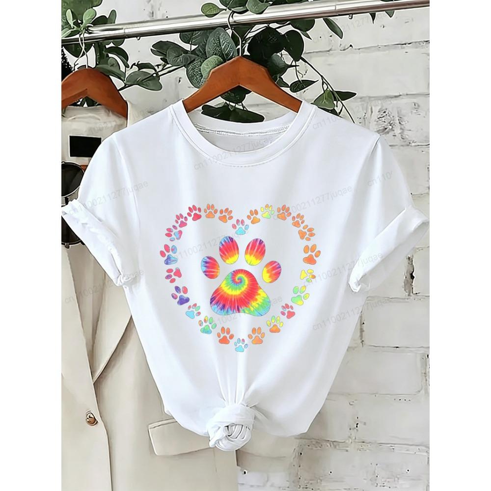 Dog Paw Print Heart Animal Lover T-Shirts Colorful Dog Paw Colorful Dog Paw Shirts Heart Anime Women's T-Shirts Short Sleeve