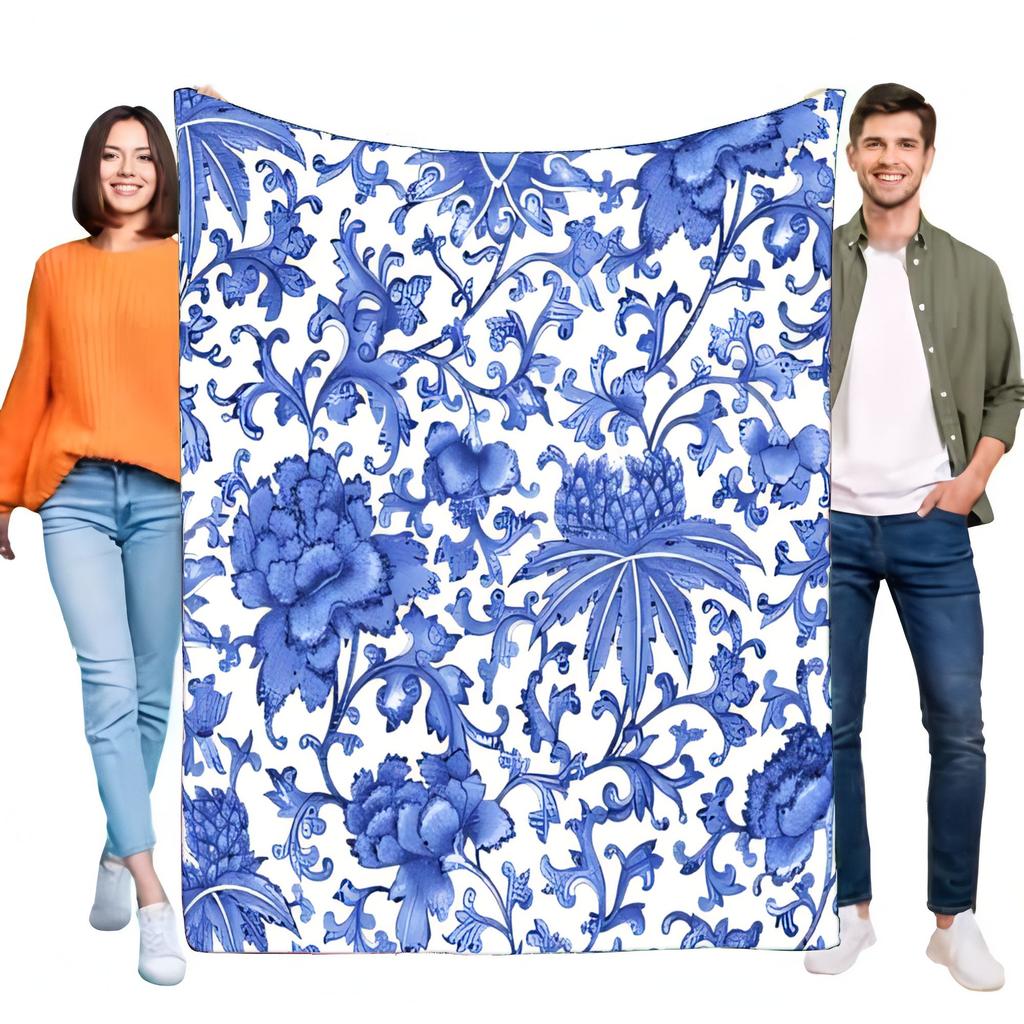 Blue Floral Pattern Blanket Soft Cozy Throw for Bed or Sofa Decorative Gift for Home and Travel, Perfect Lightweight Blanket for