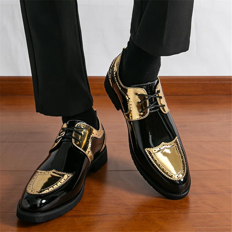 Luxury New Designer Men's Gold Silve Mixed Color Lace Up Fashion Patent Leather Shoes Formal Wedding Dress Homecoming Footwear