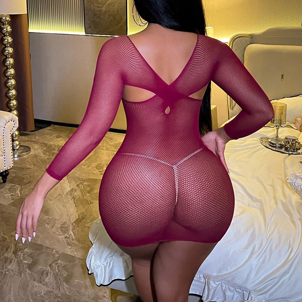Sexy Underwear Sexy Burgundy Long Sleeves Cross Hollow Small Mesh Hollow Hip Skirt Mesh
