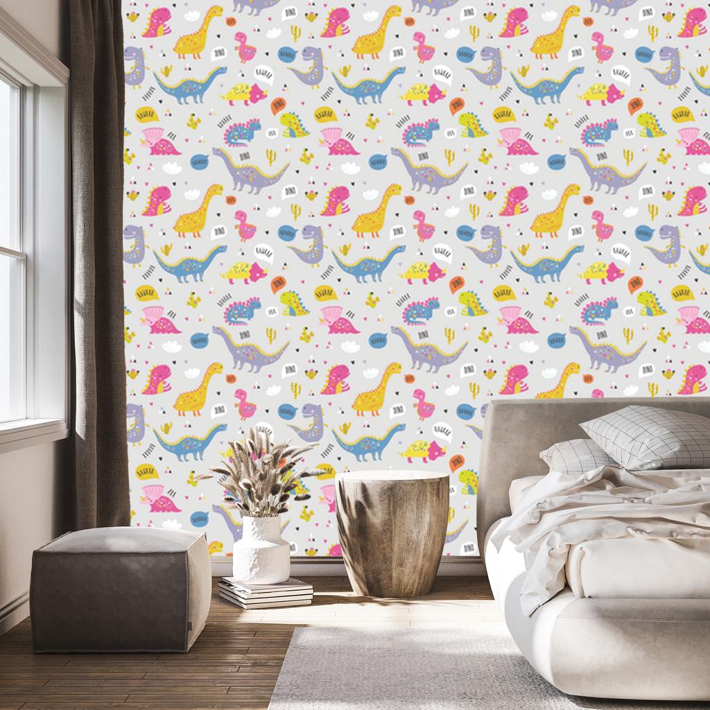 Wallpaper Colorful Dinosaurs Flowers Nature for Living Room and Bedroom 50x1000