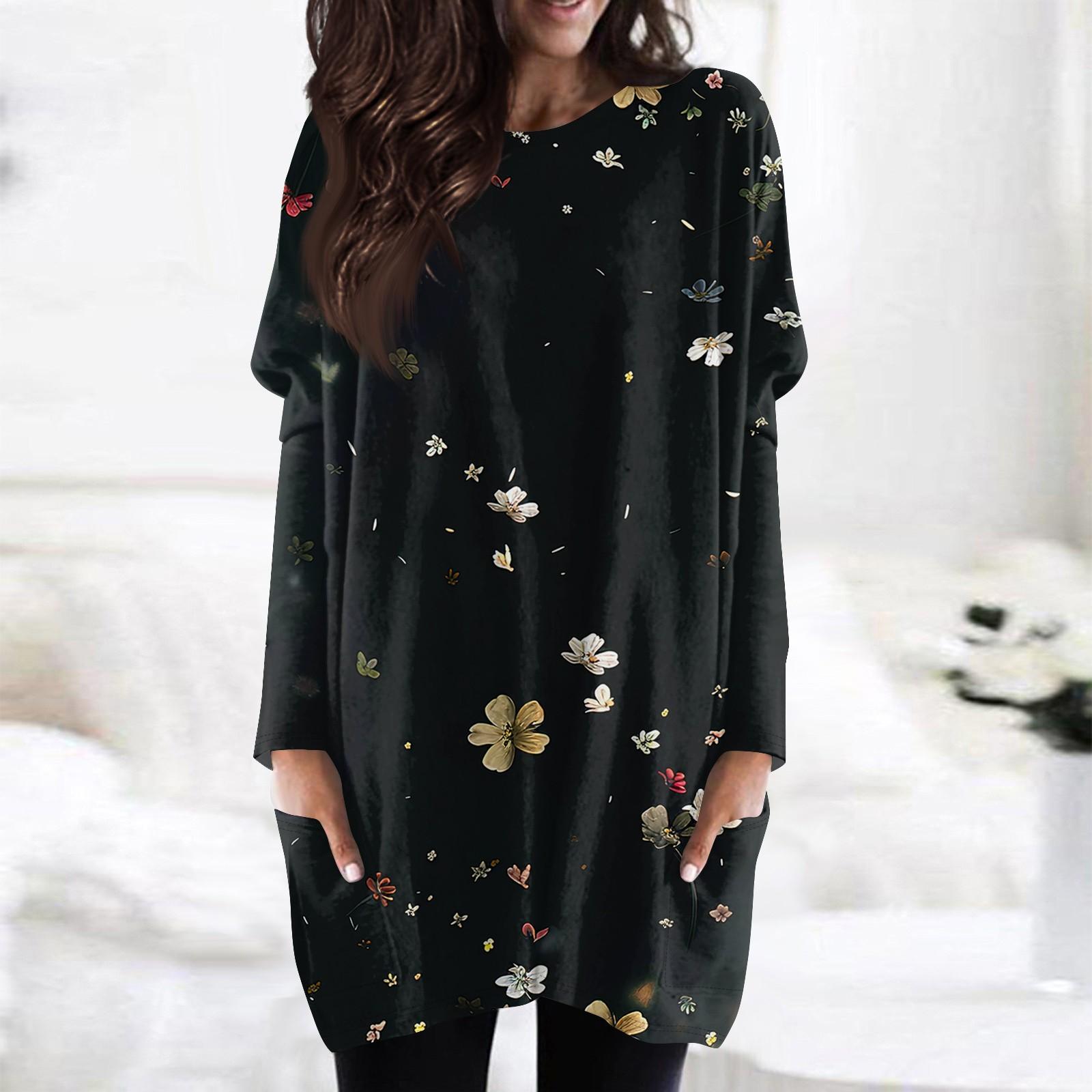 

Женская модная повседневная футболка с длинным рукавом и принтом, круглым вырезом и двойным карманом, топ XL чёрный