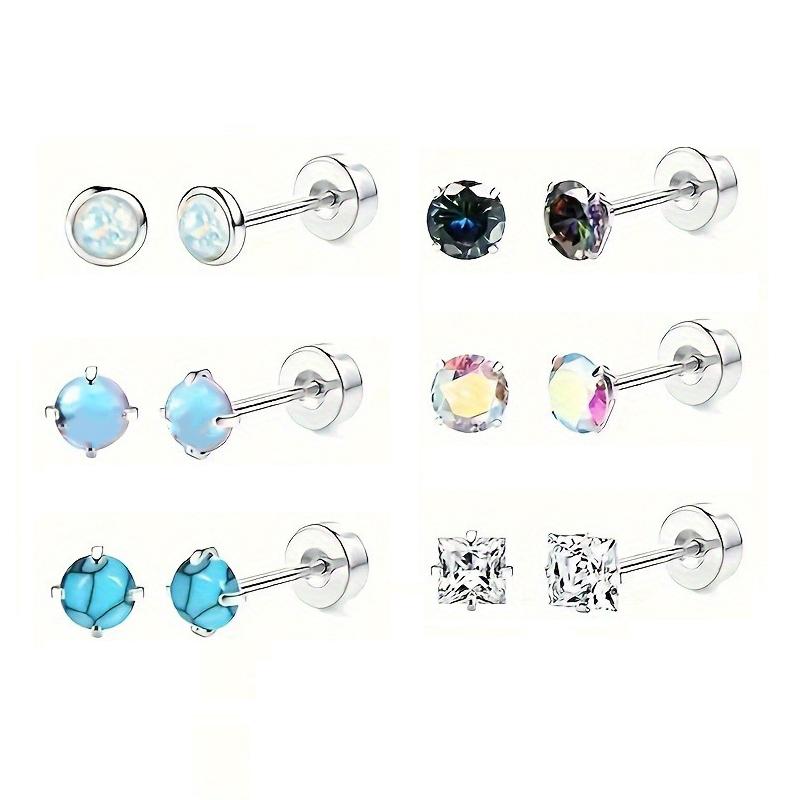 12 Pairs Stainless Steel Earrings Hypoallergenic 20G Medical Steel Cartilage Opal CZ Pearls Sleeping Earrings
