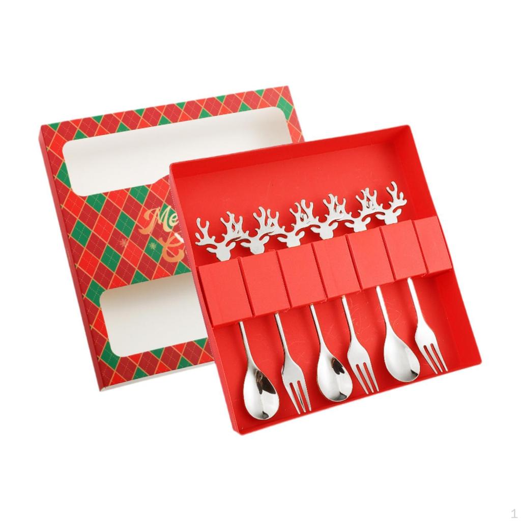 6 Piece Set of Spoons And Forks for Christmas, Flatware Dessert Tea Party, Stainless Steel