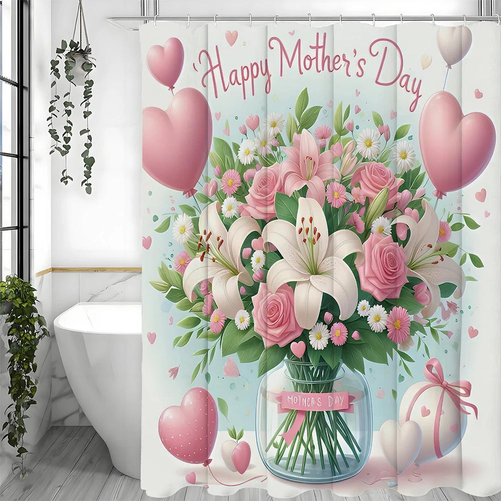 Mother's Day Lily and Rose Bouquet Love Shower Curtain, Bathroom Decorative Shower Curtain, Waterproof Shower Curtain with Hooks