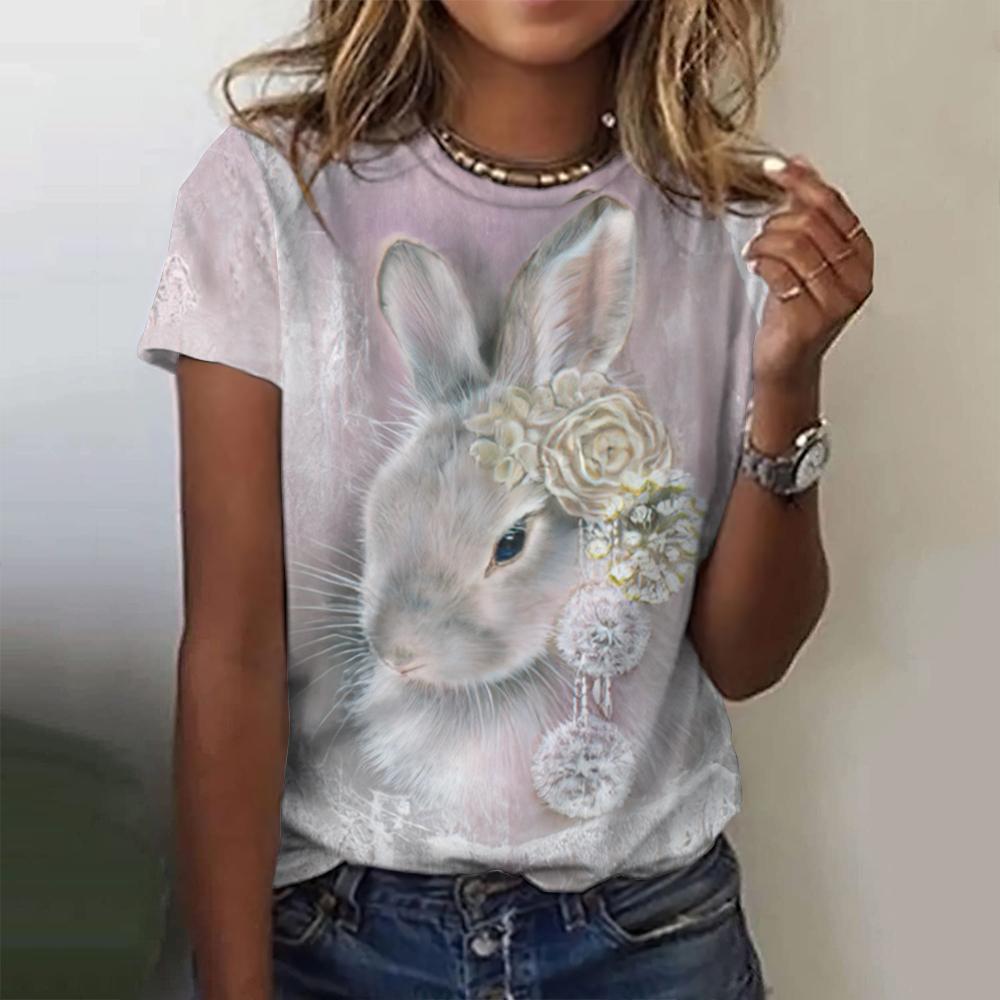 New Vintage Rabbit Print Women's T-shirt Plus Size Top 2024 Women's Clothing Fashion Short Sleeve Shirt Crew Blouse Summer
