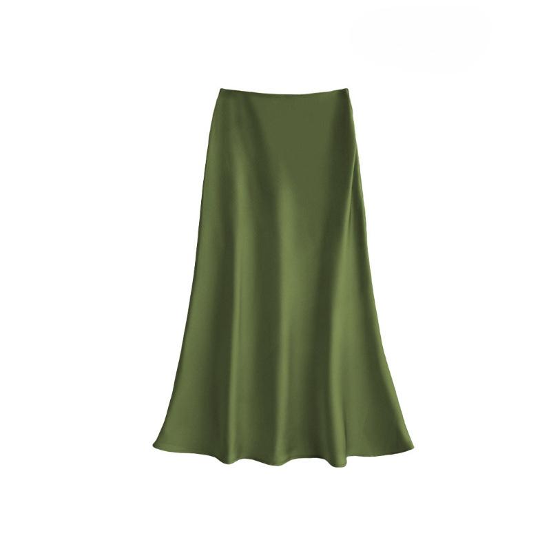 Satin High Waisted Midi Skirts for Women Hidden Elasticized Waistband A Line Flared Skirt Women's Spring Summer Silk Cocktail Flowy A-Line Skirts
