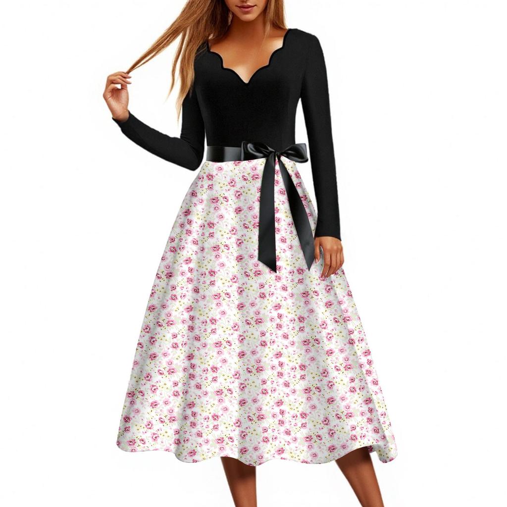 Women's Casual Fashion Floral Print Wave V Neck Vintage Dress